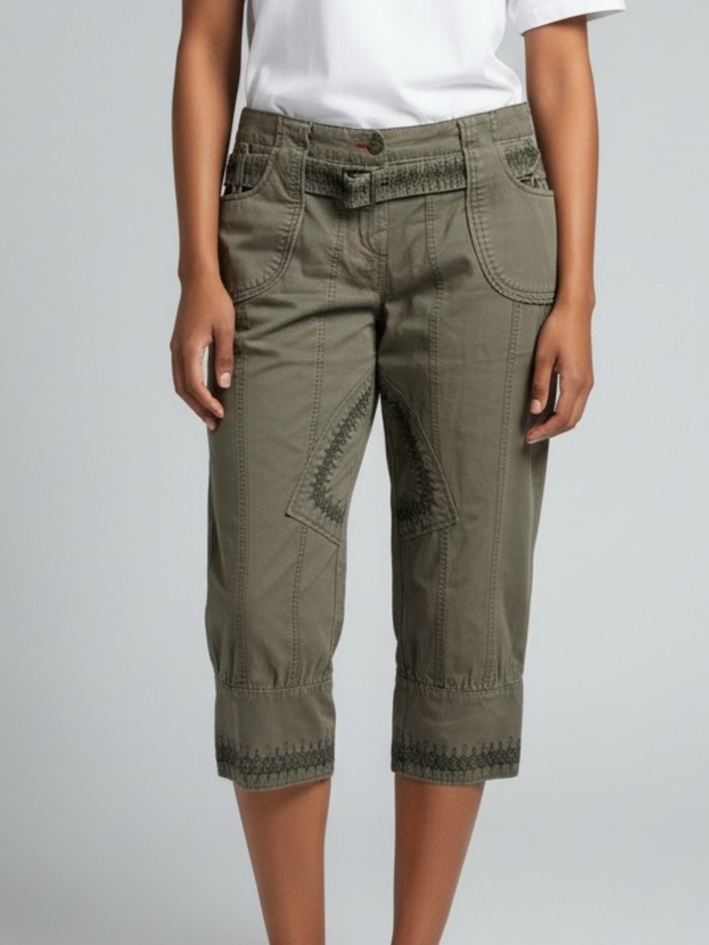 Karen Millen Y2K Embroidered Cropped Cotton Olive Green Utility Pants Size 10